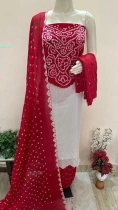 Kusum Neck work Self Contrast Bandhani-Red-White