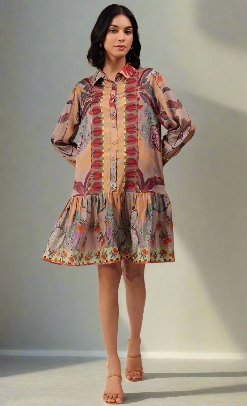 Autumn Blossom Beige Shirt Dress-M / Beige / Beige