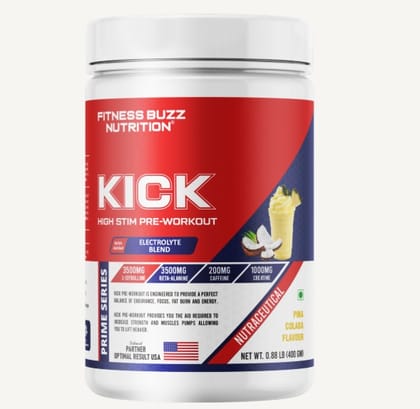 Fitness Buzz Nutrition I Prime Series I Kick High I Stim Pre-Workout I With Added Electrolyte Blend I 3500mg L-Citrulline I 3500mg Beta-Alanine I 200mg Caffeine I 1000mg Creatine I Nutraceutical I Veg I Pina Colada 400 GM