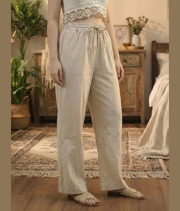 DE TRENDZ Women Cotton Wide Leg Trousers ( Beige )