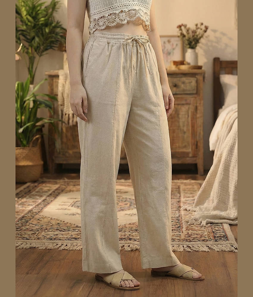 DE TRENDZ Women Cotton Wide Leg Trousers ( Beige )