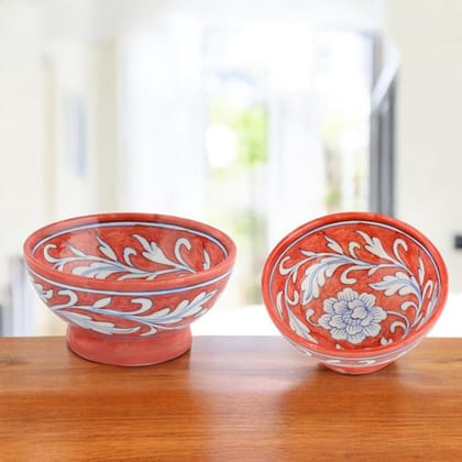 Handcrafted Reddish Brown Round Blue Pottery BowlsSet of 2Floral Pattern6