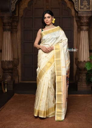 Parampara ~ Handloom Pure Silk Maharani Paithani with Majestic Maharani Pallu in Pearl White