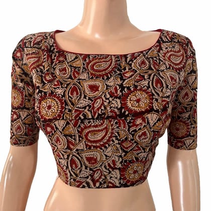 Kalamkari Cotton Boat Neck Blouse with Backopen , Black - Maroon , BK1307-XL