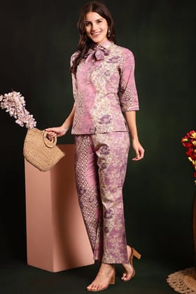 Mauve Color Printed Pure Cotton Tunic & Trousers Co-Ords Set-S
