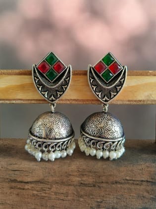 Brass Oxidised Classic Jhumka Earrings with Pearls | Sarichka-Red+Green