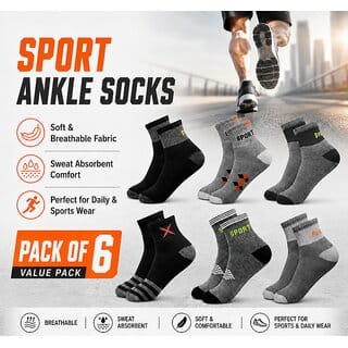 SPORT SOCKS 170526 PACK 6  Men Sports Ankle Socks Cotton Breathable Sweat Absorbent Daily Wear Socks for Men