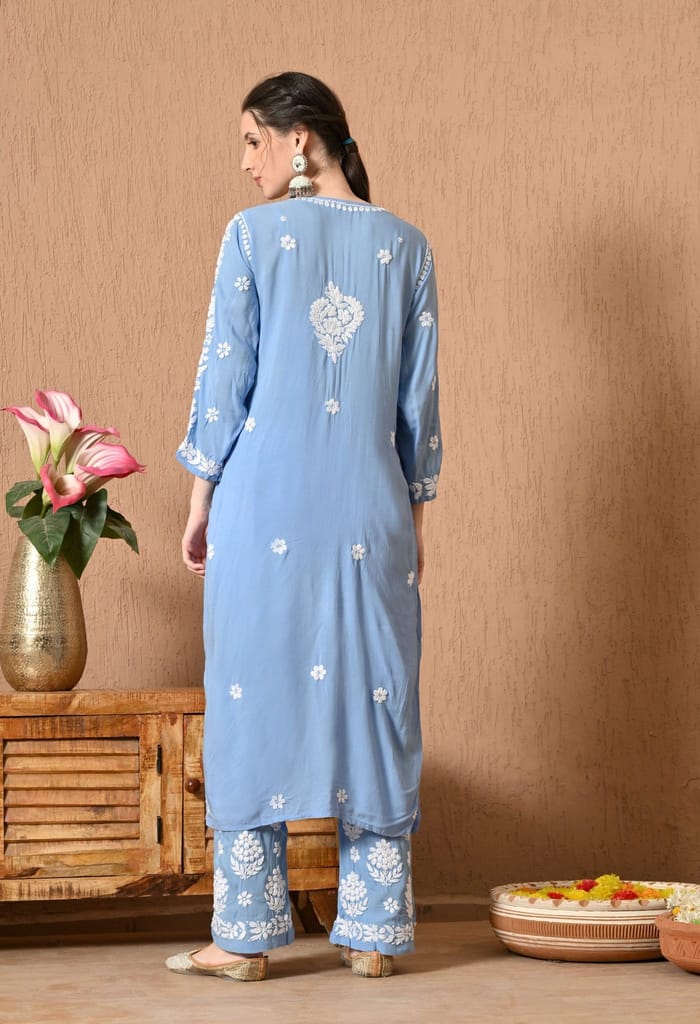 Hand Embroidered Chikankari Modal Plazo Set with 3D Work – Ethnic Wear Powder Blue