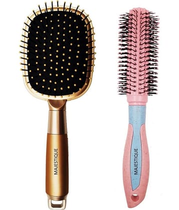 Majestique 2Pcs Round And Paddle Hair Brush For Long Thick Thin Curly Natural Hair Women And Men