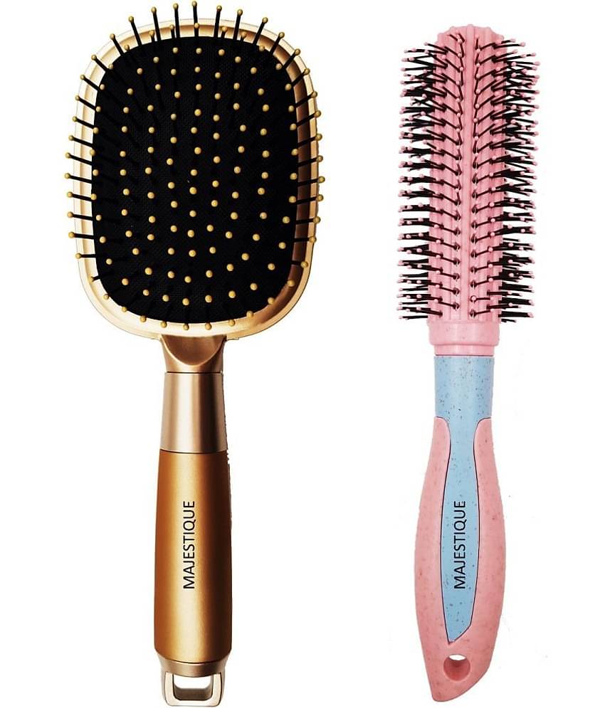 Majestique 2Pcs Round And Paddle Hair Brush For Long Thick Thin Curly Natural Hair Women And Men