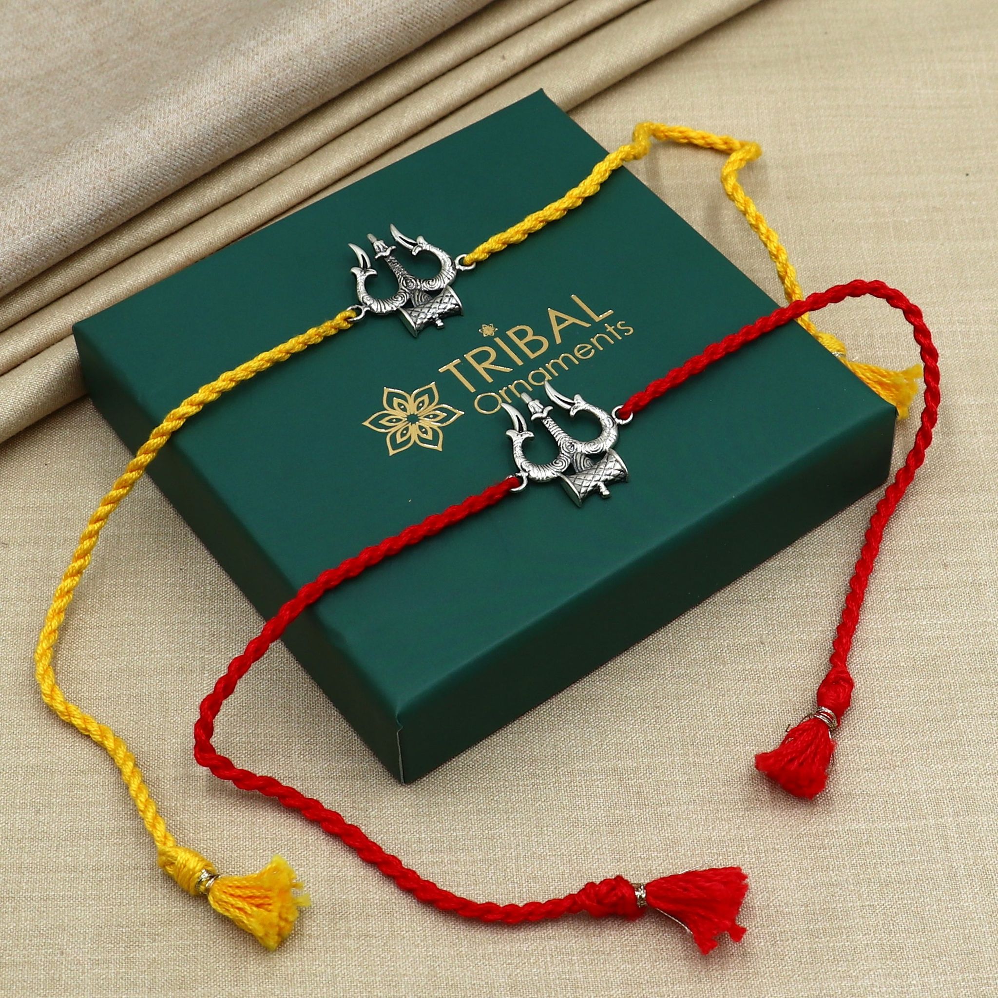 925 sterling silver Trishul / Trident design pendant rakhi  Rakshabandhan festival rk404-BOTH RED AND YELLOW