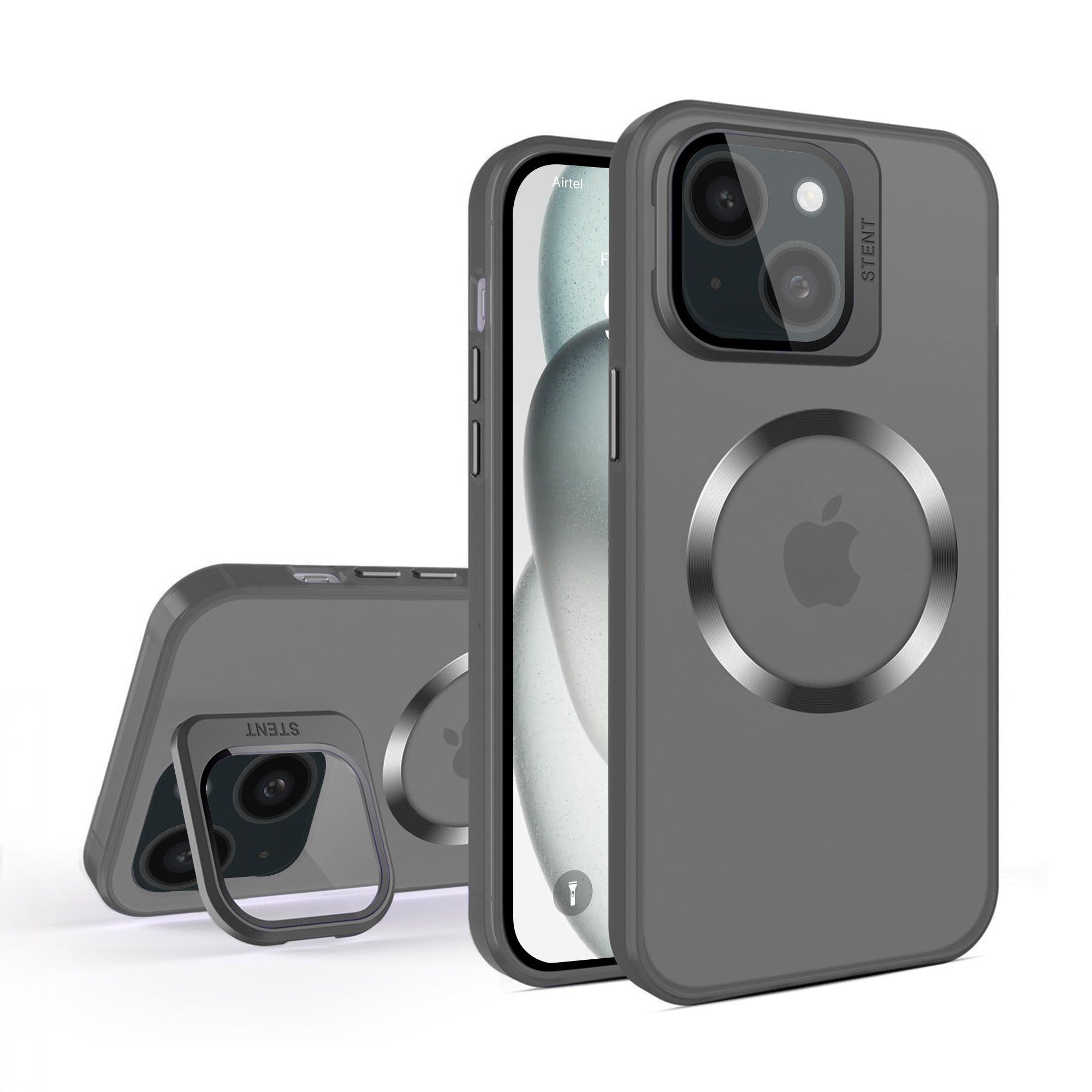 Vaku® Apple iPhone 15 Plus Rime Frosted Magnetic Magpro Translucent Camera Protector Case with Built-in Stash Stand Back Cover