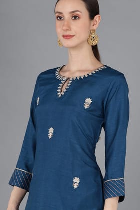 Teal Silk Blend Embroidered Kurta PKSKD1663