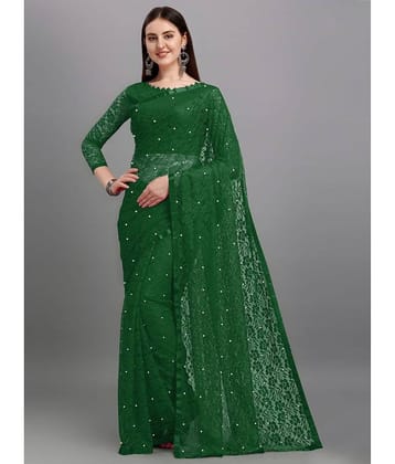 VANRAJ CREATION Net Self Design Saree With Unstitched Blouse Piece ( Green )