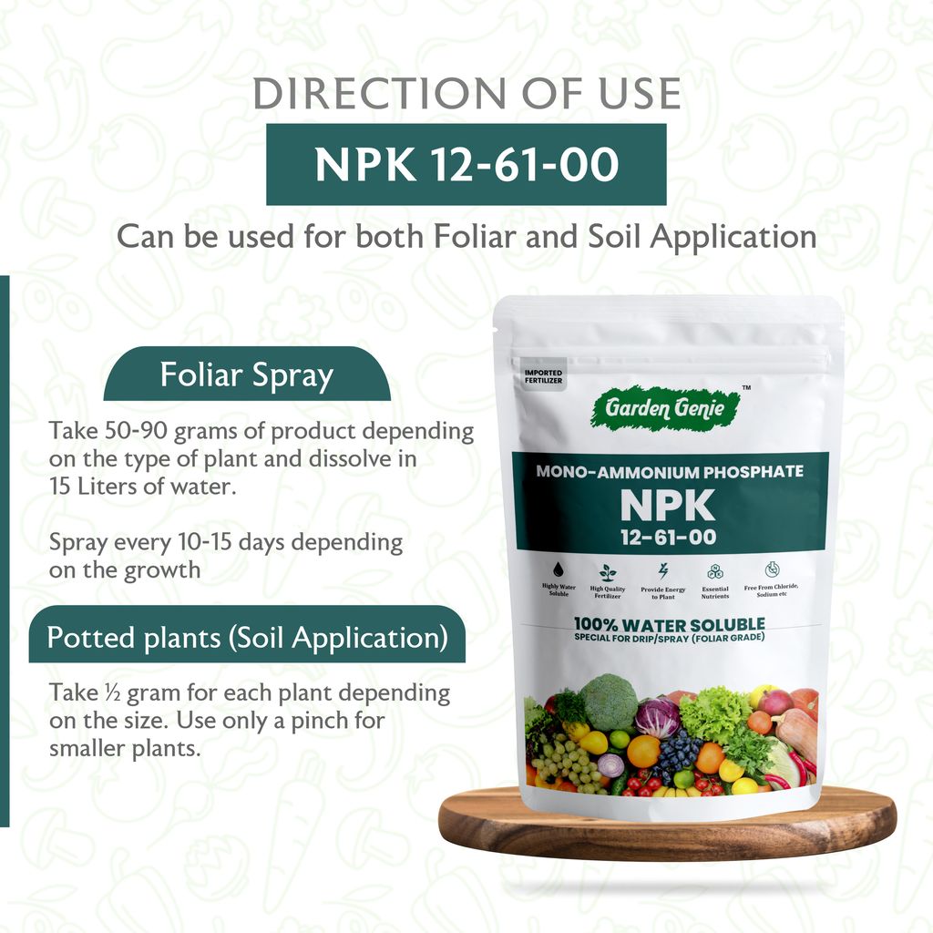 Garden Genie MAP (Mono Ammonium Phosphate) NPK 12 61 00 Fertilizers for Plants 380 Gm | Water Soluble Plant Growth Promoter | Foliar Spray Application