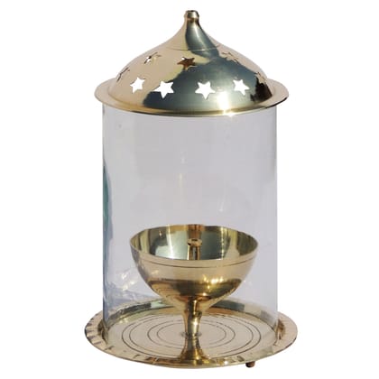 Brass Table Decor Oil Lamp Deepak With Chimney  - Antique Brass Diya for Home D�cor, Height : 9.5 Inch (ZMAS014/10)