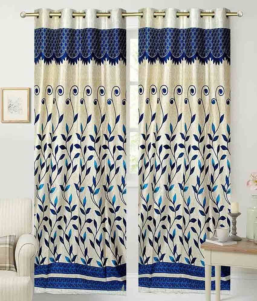 Tanishka Fabs Floral Semi-Transparent Eyelet Door Curtain 7 ft -Blue