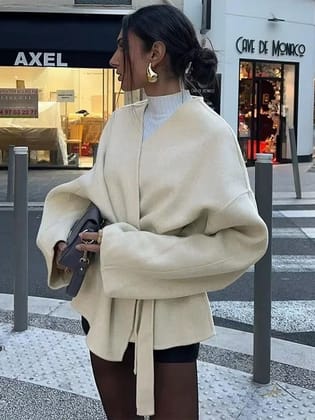 Fleece Lace-up Jacket With Tie Belt-Beige / M