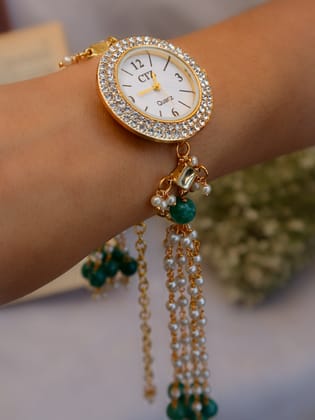 Fiadh Kundan Green Wrist Watch-Green