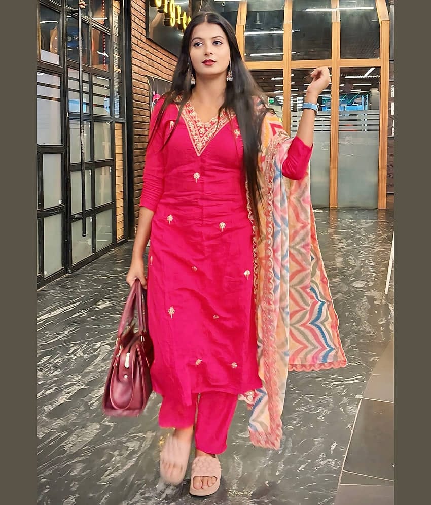 kedar fab Women Cotton Blend Embroidered Straight Kurti With Pants ( Pink )