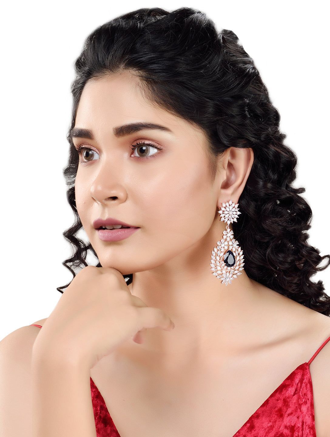 Rose Gold Plated Blue AD studded Drop Earrings