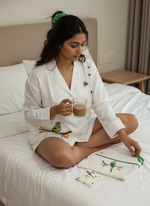 Ivvory Handcrafted Revere Shorts Set (Parrot Print, Size S) | 100% Cotton Co-ord | Summer Nightwear