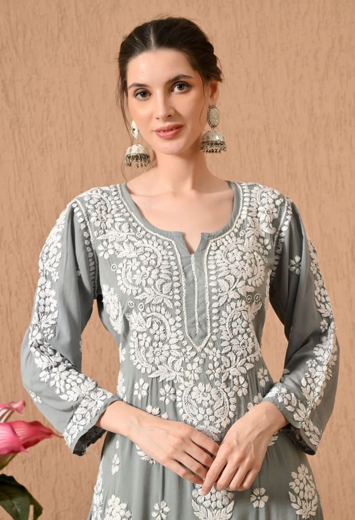 Hand Embroidered Chikankari Modal Plazo Set with 3D Floral Work – Ethnic Wear for Women