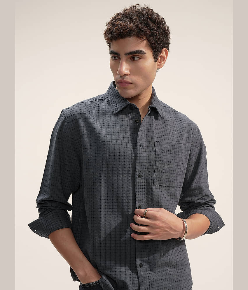 Highlander 100% Cotton Relaxed Fit Checks Full Sleeves Men's Casual Shirt - Blue ( Pack of 1 )