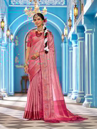 Peach Elora Munga zari Silk Kanjivaram With Zig Zag Pattern Saree