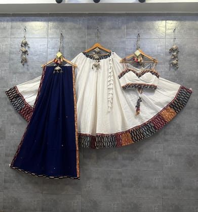 Pure Khadi Cotton Plain Gala Border Navratri Chaniya Choli (Ready To Wear)-White