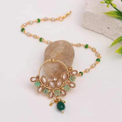 Green Color Nose Nath (NTH344GRN)-Length: 25.00 CM x Width: 0.50 CM / Pink / Alloy With Good Quality Gold Plated