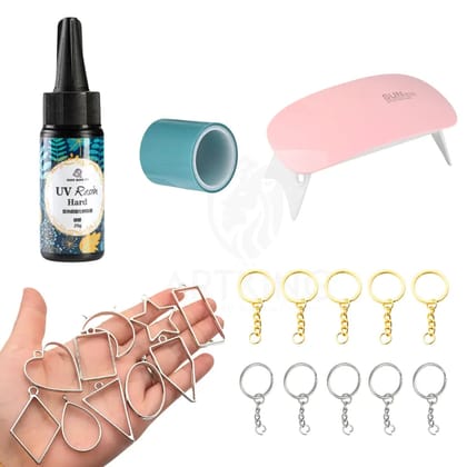 25g UV Resin Keychain & Jewelry Craft Kit – Complete DIY Set with UV Resin, Curing Light, Silver Bezels, Keychains & Tape