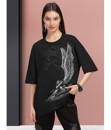 HELLCAT Women Cotton Blend Printed Oversized Fit Round Neck T-Shirt ( Navy Blue )