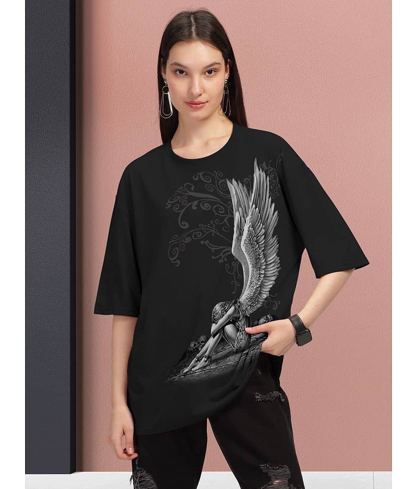 HELLCAT Women Cotton Blend Printed Oversized Fit Round Neck T-Shirt ( Navy Blue )