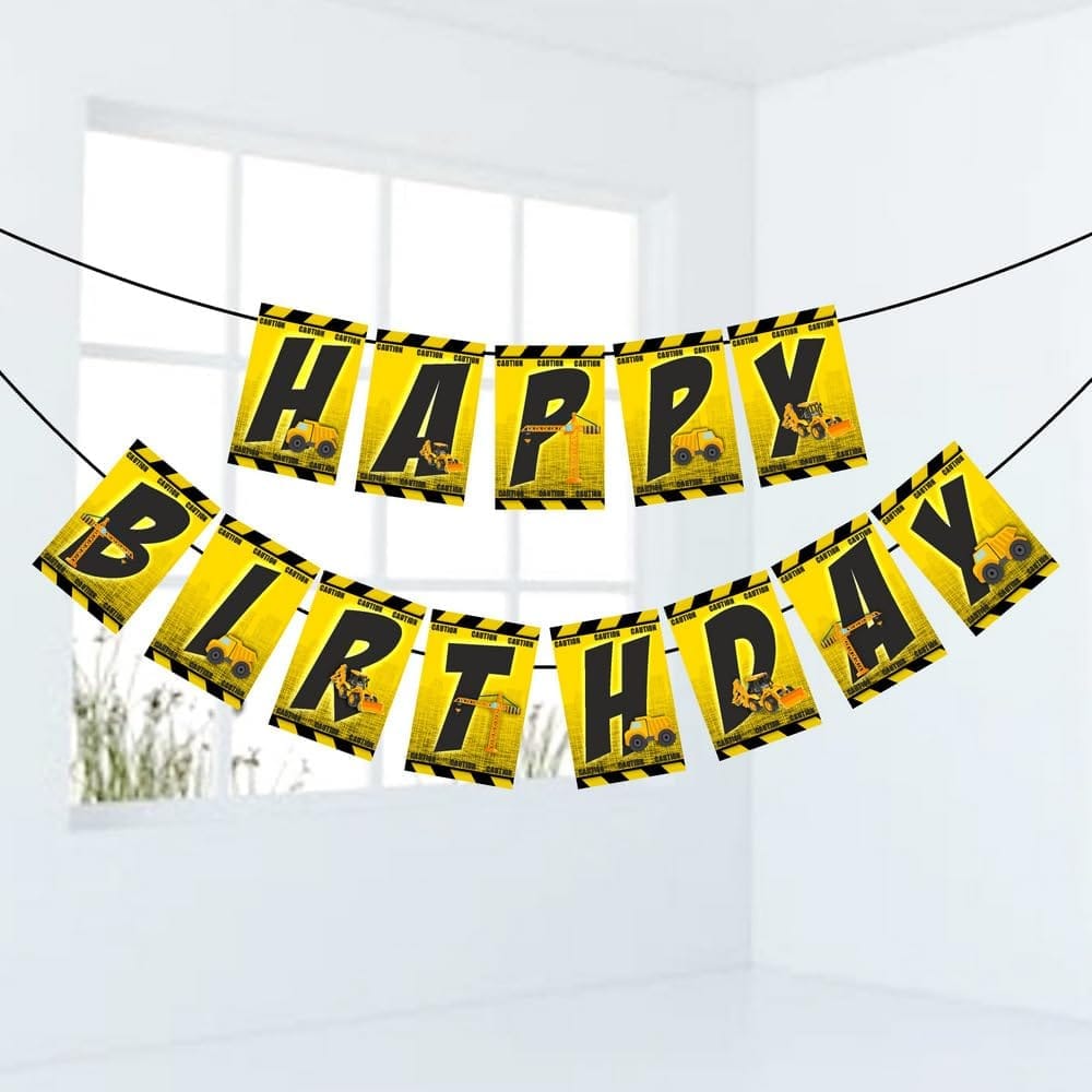 Partyzon Construction Happy Birthday Banner for Birthday Decoration Backdrop and Theme Party with Ribbon Multicolor