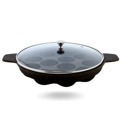 TRILONIUM ButterMold Pre-Seasoned Cast Iron Round 12 Pits Paniyarakal | Paniyaram Pan | Paddu | Ponganalu Pan | Kallu | Chatti with Lid - Induction Compatible