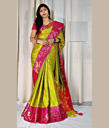 A TO Z CART Silk Blend Embellished Saree With Unstitched Blouse Piece ( Yellow )