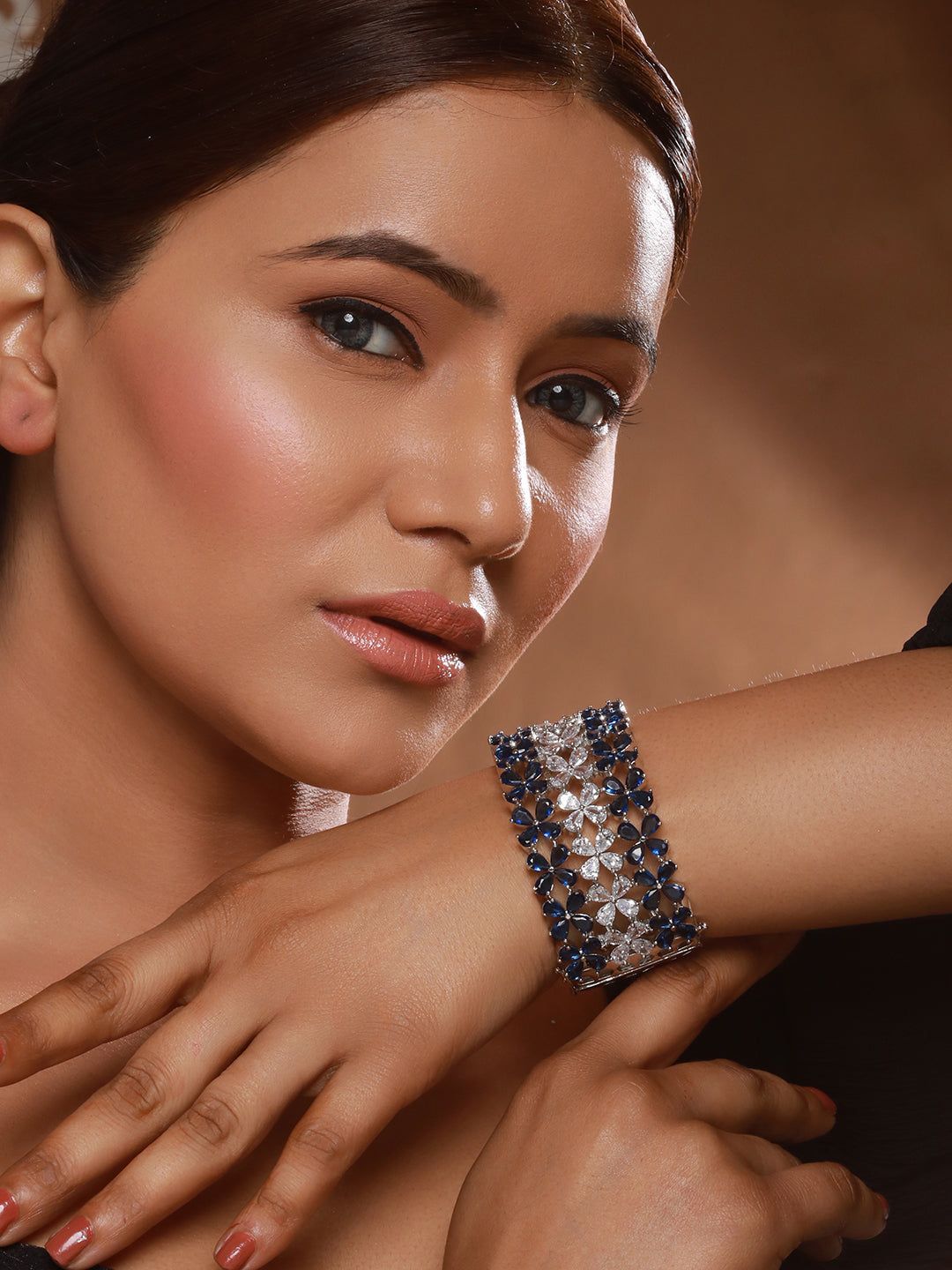 Silver Toned Blue Sapphire AD Studded Designer Bridal  Kada Bracelet