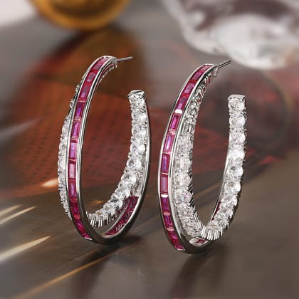 Baguette Blue Pink Silver Cubic Zirconia Anti Tarnish Hoop Earring For Women-Pink