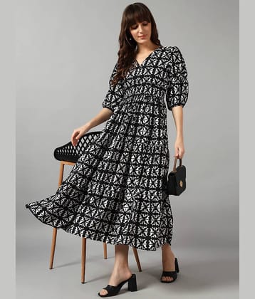Femvy Women Crepe Printed Fit & Flare Dress ( Black )