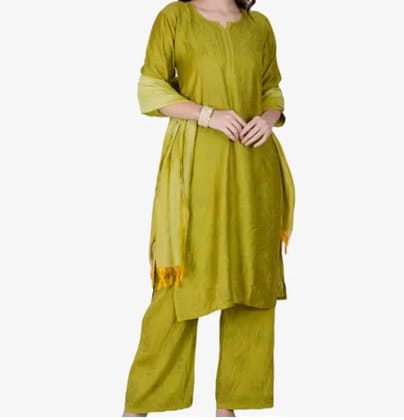 Lucknowi Chikankari Hand Embroidery Green Chanderi Thread Work Kurti 3 Piece Set