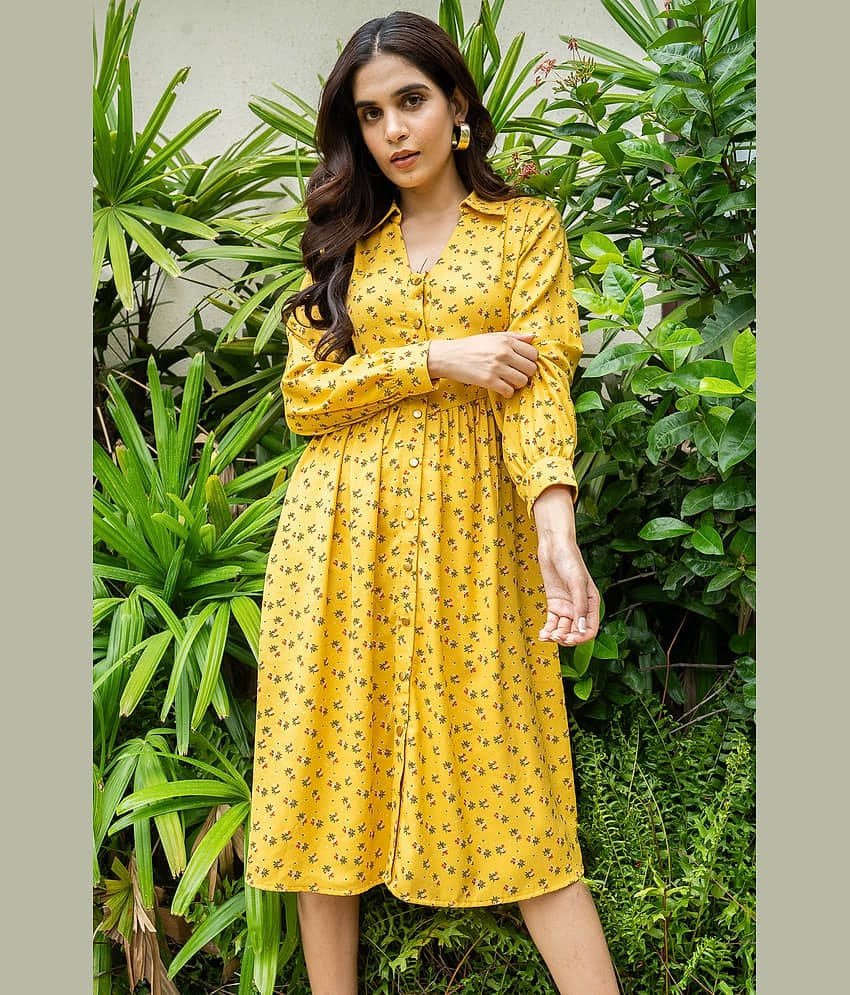 Mantra Fashion Women Polyester Printed A-line Dress ( Yellow )