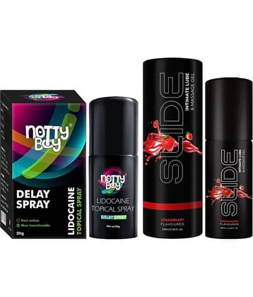 NottyBoy Delay Spray For Men 20g and NottyBoy Slide Intimate Lube & Massage Gel, Strawberry Flavoured, 2-in-1 Use, Water Based Lubricant (Pack of 2)