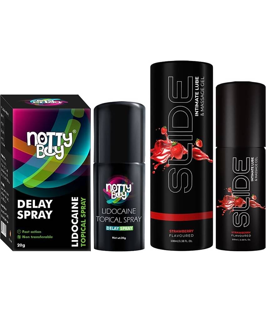 NottyBoy Delay Spray For Men 20g and NottyBoy Slide Intimate Lube & Massage Gel, Strawberry Flavoured, 2-in-1 Use, Water Based Lubricant (Pack of 2)