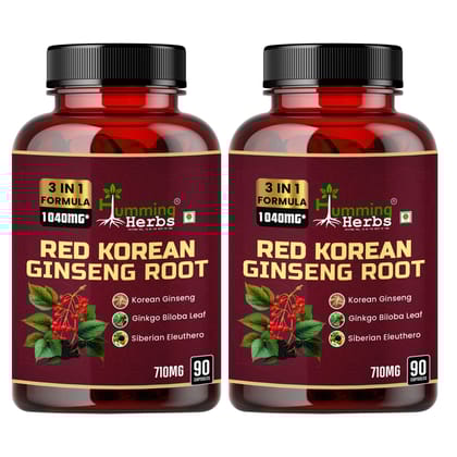 Humming Herbs Red Korean Ginseng with Ginkgo Biloba Leaf, Siberian Ginseng, Supports Energy, Concentration, Immune system and Improves Mental Clarity Bio-available Supplement, 90 Capsules - Pack of 2