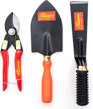 GLOBUS STEEL GARDEN TOOL SET/3 PCS (DOUBLE CUT PRUNER, KHURPA 2" AND BIG TROWEL ORANGE COLOUR PLASTIC HANDLE)