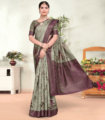 Shadow Green Woven Art Dola Silk Saree With Printed Floral Motifs-Shadow Green
