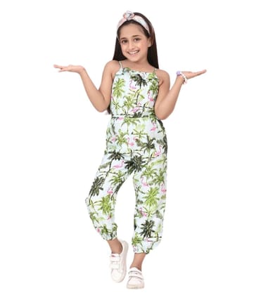 Girl's Denim Embroidered Sleeveless Jumpsuit (White-Green, 2-3-Yrs)-PID66083