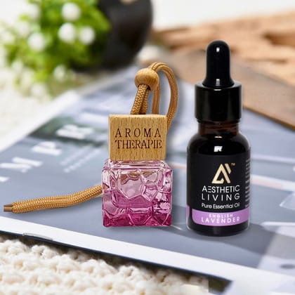 Aesthetic Living Car Aromatizer Diffuser Bottle with Essential Oil (Square Colored Transparent Combo- 10 ml + English Lavender Essential Oil, 15 ml)