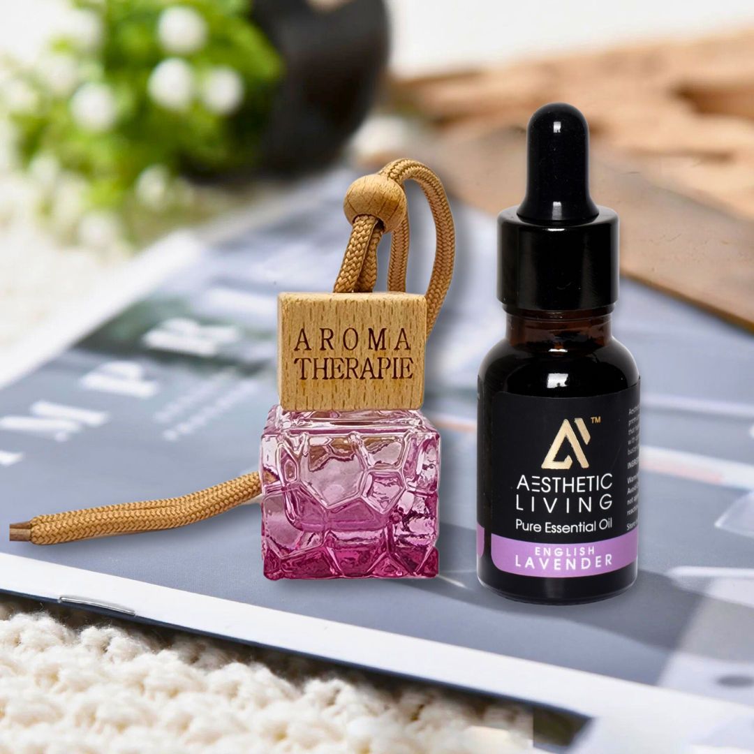 Aesthetic Living Car Aromatizer Diffuser Bottle with Essential Oil (Square Colored Transparent Combo- 10 ml + English Lavender Essential Oil, 15 ml)